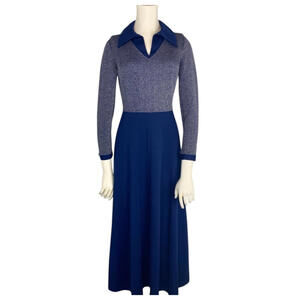 Vintage 1970s Blue Maxi Dress Long Sleeve Pointed Collar Shimmer Knit SMALL